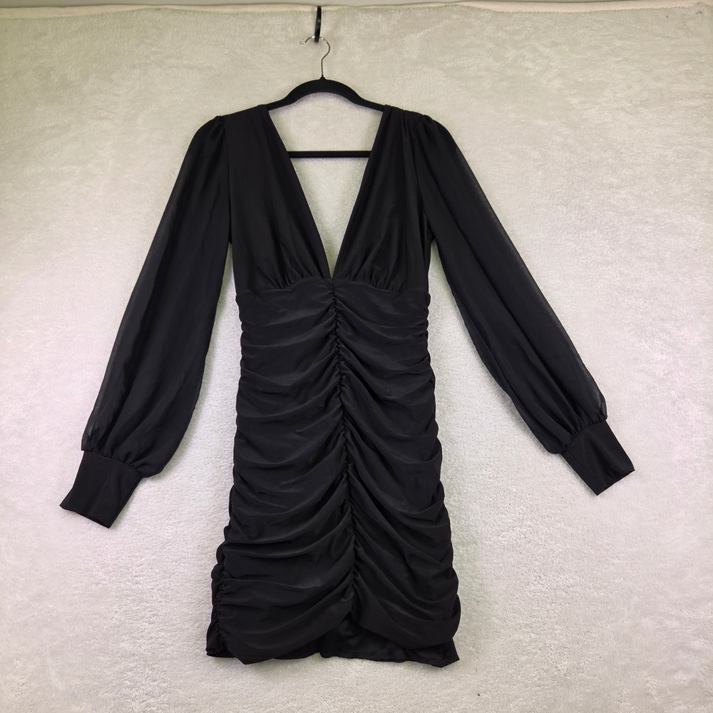 Windsor Black Ruched Mini Dress Sheer Long Balloon Sleeve Plunging V-Neck 3899